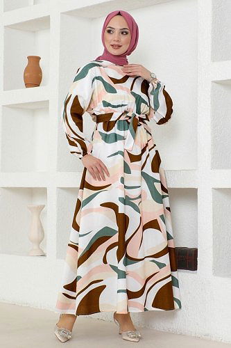 moda selvim 8234BRZ597 أخضر باهت و بني فستان - Thumbnail