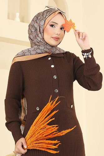 moda selvim الفستان بني 8364KL398 - Thumbnail