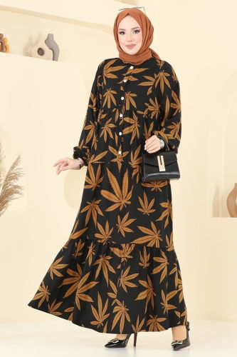 moda selvim Dress 840OZN1046 Tan & Black - Thumbnail
