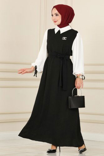 moda selvim Dress 860NZR779 Black&Ecru - Thumbnail