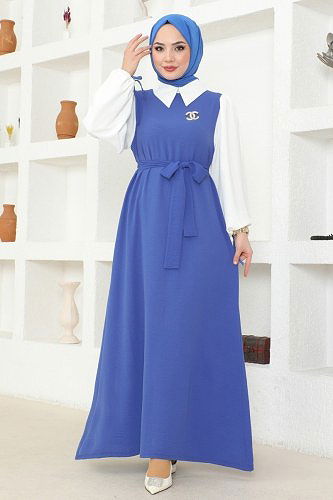 moda selvim Dress 860NZR779 Indigo&Ecru - Thumbnail