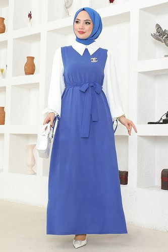 moda selvim الفستان أزرق وسكري 860NZR779 - Thumbnail