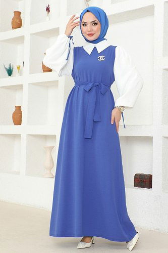 moda selvim الفستان أزرق وسكري 860NZR779 - Thumbnail