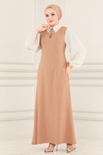 moda selvim Dress 860NZR779 Powder&Ecru - Thumbnail