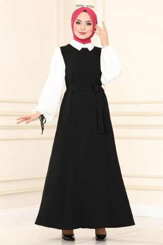 moda selvim 860S324 اسود فستان - Thumbnail