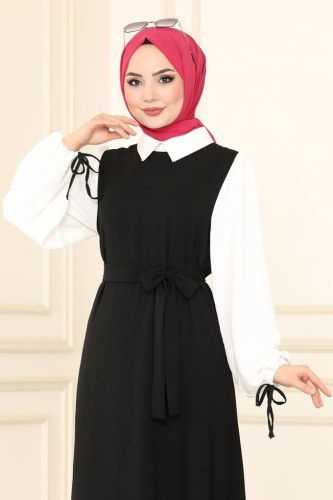 moda selvim 860S324 اسود فستان - Thumbnail