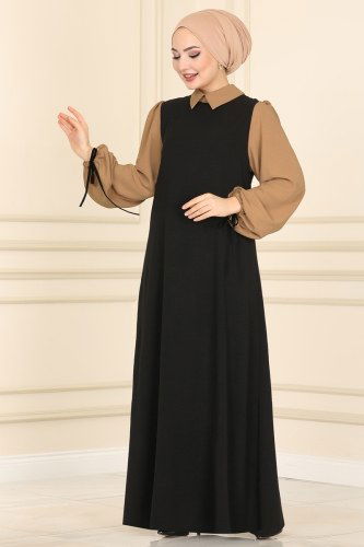 moda selvim Dress 860S324 Black&Latte - Thumbnail