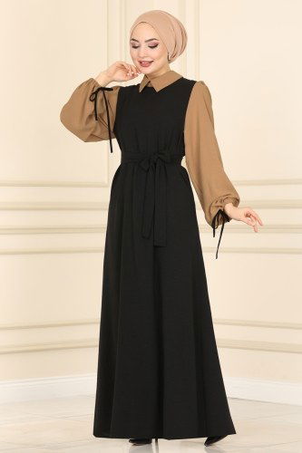 moda selvim Dress 860S324 Black&Latte - Thumbnail