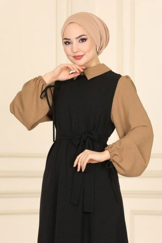 moda selvim 860S324 اسود و لحمي فستان - Thumbnail