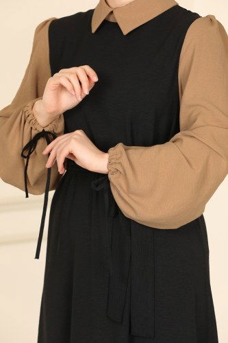 moda selvim 860S324 اسود و لحمي فستان - Thumbnail