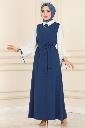 moda selvim Dress 860S324 Indigo&Ecru - Thumbnail
