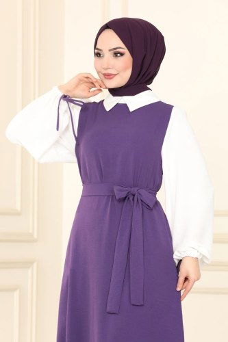 moda selvim 860S324 ارجواني فاتح فستان - Thumbnail