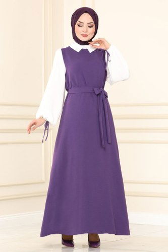 moda selvim 860S324 ارجواني فاتح فستان - Thumbnail