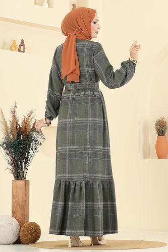 moda selvim الفستان اخضر عفني 9010S324 - Thumbnail