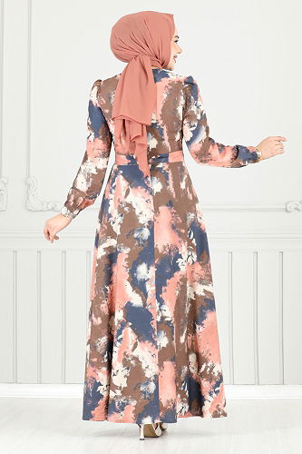 moda selvim الفستان بيج وردي 9035SVL982-M - Thumbnail