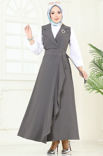 moda selvim فستان بلا اكمام رمادي غامق 9036S324 - Thumbnail