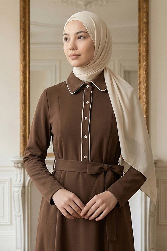 moda selvim الفستان بني 9221PL940-M - Thumbnail