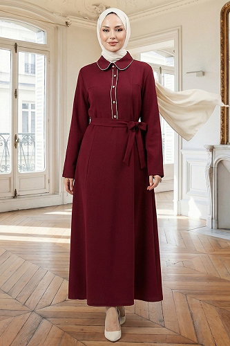 moda selvim Dress 9221PL940-M Burgundy - Thumbnail