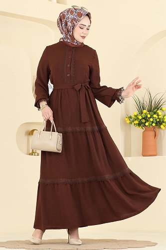 moda selvim الفستان بني 9242PLK541 - Thumbnail