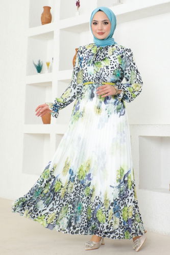 moda selvim DRESS 9367BNM173 Petroleum Green & Ecru - Thumbnail