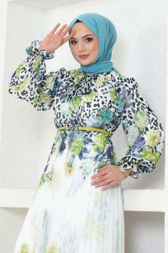 moda selvim DRESS 9367BNM173 Petroleum Green & Ecru - Thumbnail