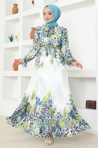 moda selvim DRESS 9367BNM173 Petroleum Green & Ecru - Thumbnail