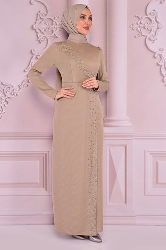 moda selvim الفستان بيج ASM2459-M - Thumbnail