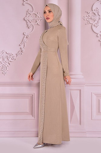 moda selvim الفستان بيج ASM2459-M - Thumbnail