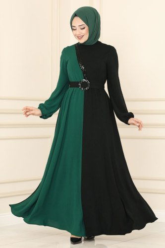 moda selvim Dress ASM2549 Black&Emerald - Thumbnail