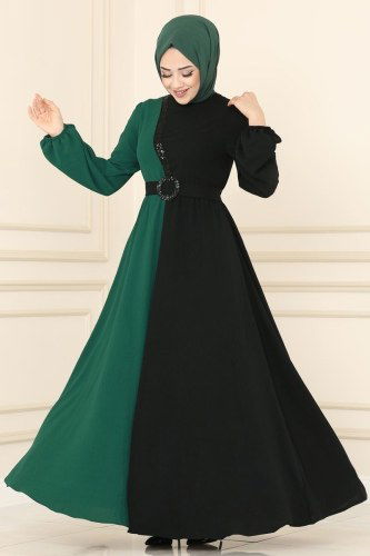 moda selvim ASM2549 اسود وزيتي فستان - Thumbnail