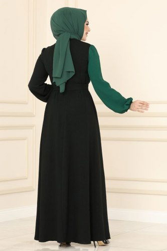 moda selvim ASM2549 اسود وزيتي فستان - Thumbnail