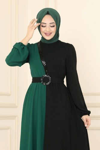 moda selvim ASM2549 اسود وزيتي فستان - Thumbnail