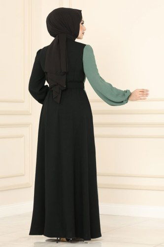 moda selvim Dress ASM2549 Black&Soft Green - Thumbnail