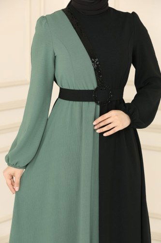 moda selvim Dress ASM2549 Black&Soft Green - Thumbnail