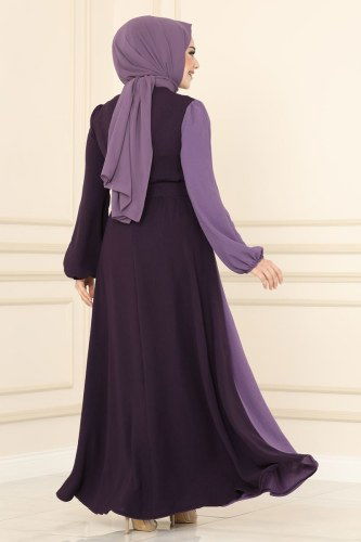 moda selvim Dress ASM2549 Damson&Lilac - Thumbnail