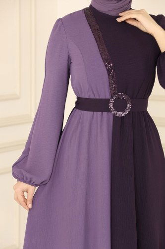 moda selvim Dress ASM2549 Damson&Lilac - Thumbnail