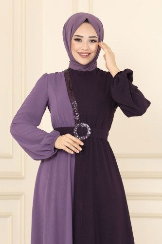 moda selvim Dress ASM2549 Damson&Lilac - Thumbnail