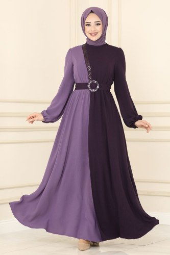 moda selvim Dress ASM2549 Damson&Lilac - Thumbnail