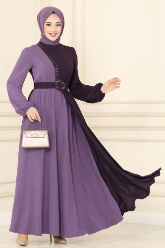 moda selvim Dress ASM2549 Damson&Lilac - Thumbnail