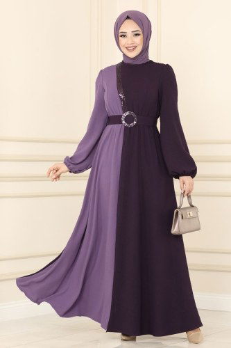 moda selvim Dress ASM2549 Damson&Lilac - Thumbnail