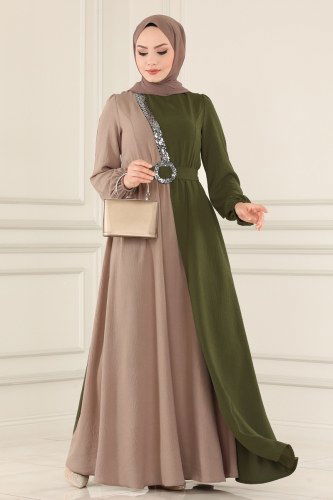 moda selvim Dress ASM2549 Khaki&Dark Vision - Thumbnail