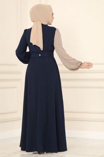 moda selvim Dress ASM2549 Navy Blue & Mink Colored - Thumbnail