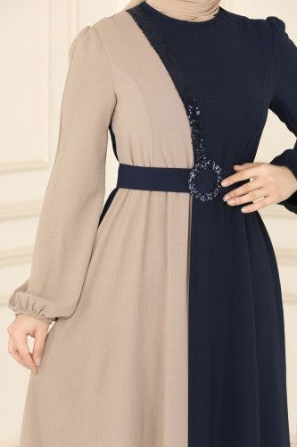 moda selvim Dress ASM2549 Navy Blue & Mink Colored - Thumbnail