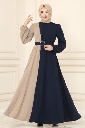 moda selvim Dress ASM2549 Navy Blue & Mink Colored - Thumbnail