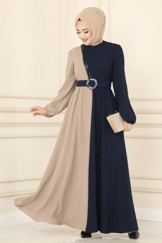 moda selvim Dress ASM2549 Navy Blue & Mink Colored - Thumbnail