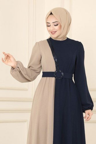 moda selvim ASM2549 لون الكحلي مع الفيزيون فستان - Thumbnail