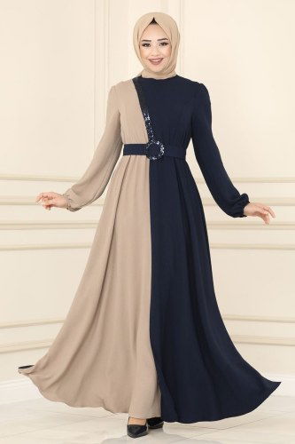 moda selvim ASM2549 لون الكحلي مع الفيزيون فستان - Thumbnail