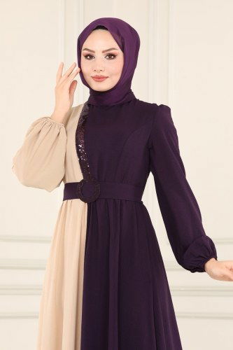 moda selvim Dress ASM2549 Purple&Vision - Thumbnail