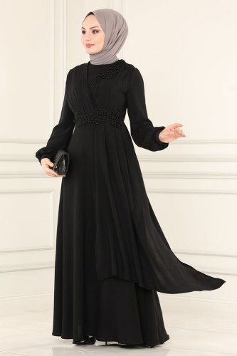 moda selvim ASM2551 اسود فستان - Thumbnail