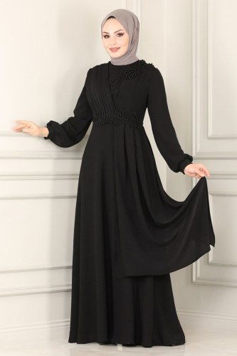 moda selvim ASM2551 اسود فستان - Thumbnail
